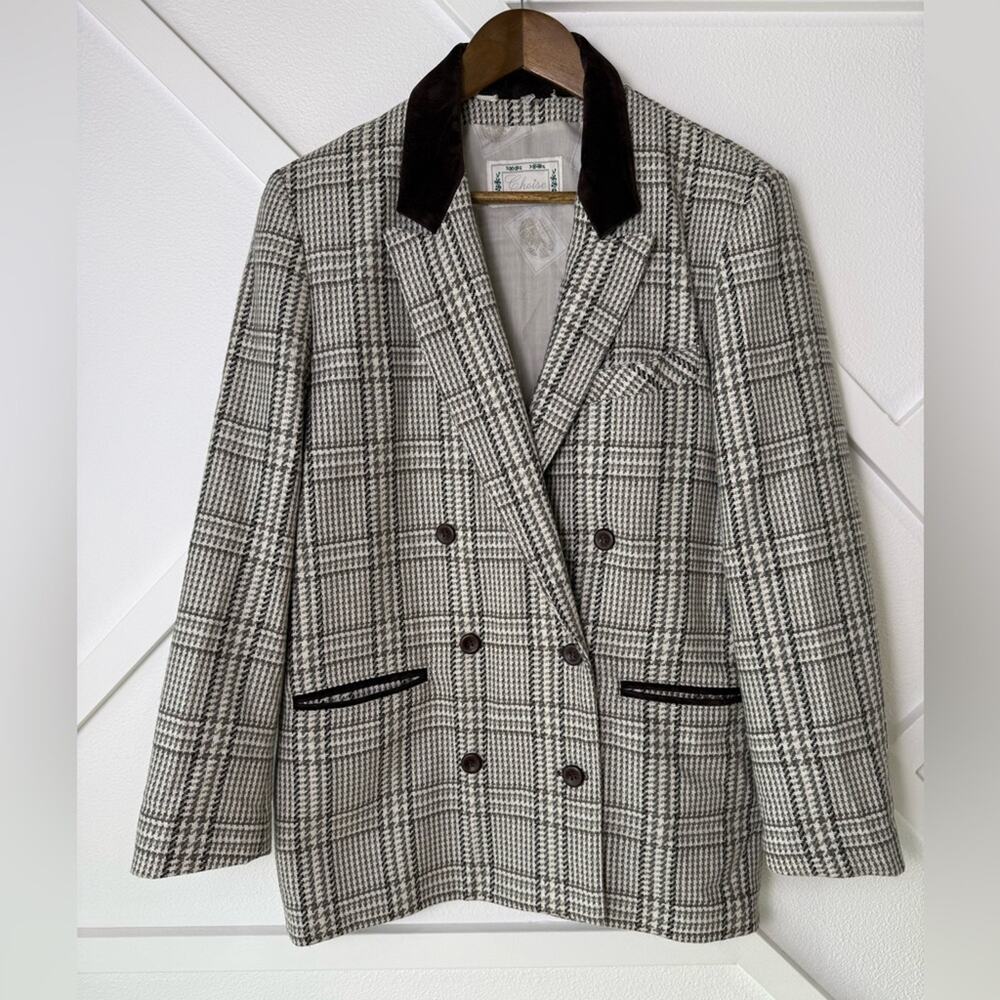 Vintage Choise Tweed Double Breasted Blazer Faux Suede Trim Wood Buttons Size 8